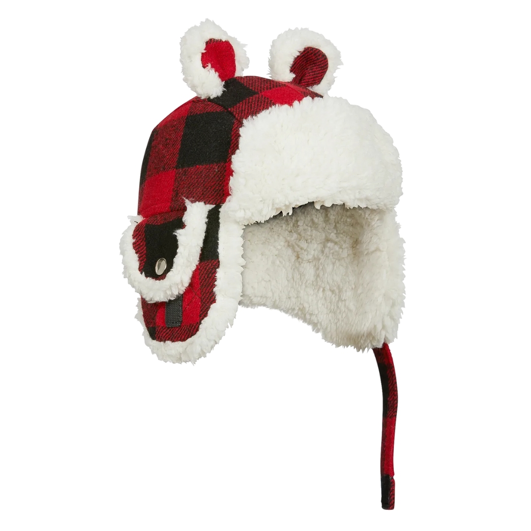 CHAPEAU EN SHERPA KOMBI THE CUTE AVIATOR POUR BÉBÉ COULEUR CARREAU BUFFALO ROUGE VUE DU CHAPEAU EN SHERPA À CARREAUX ROUGE ET NOIR OREILLES DÉCORATIVES SUR LE CHAPEAU