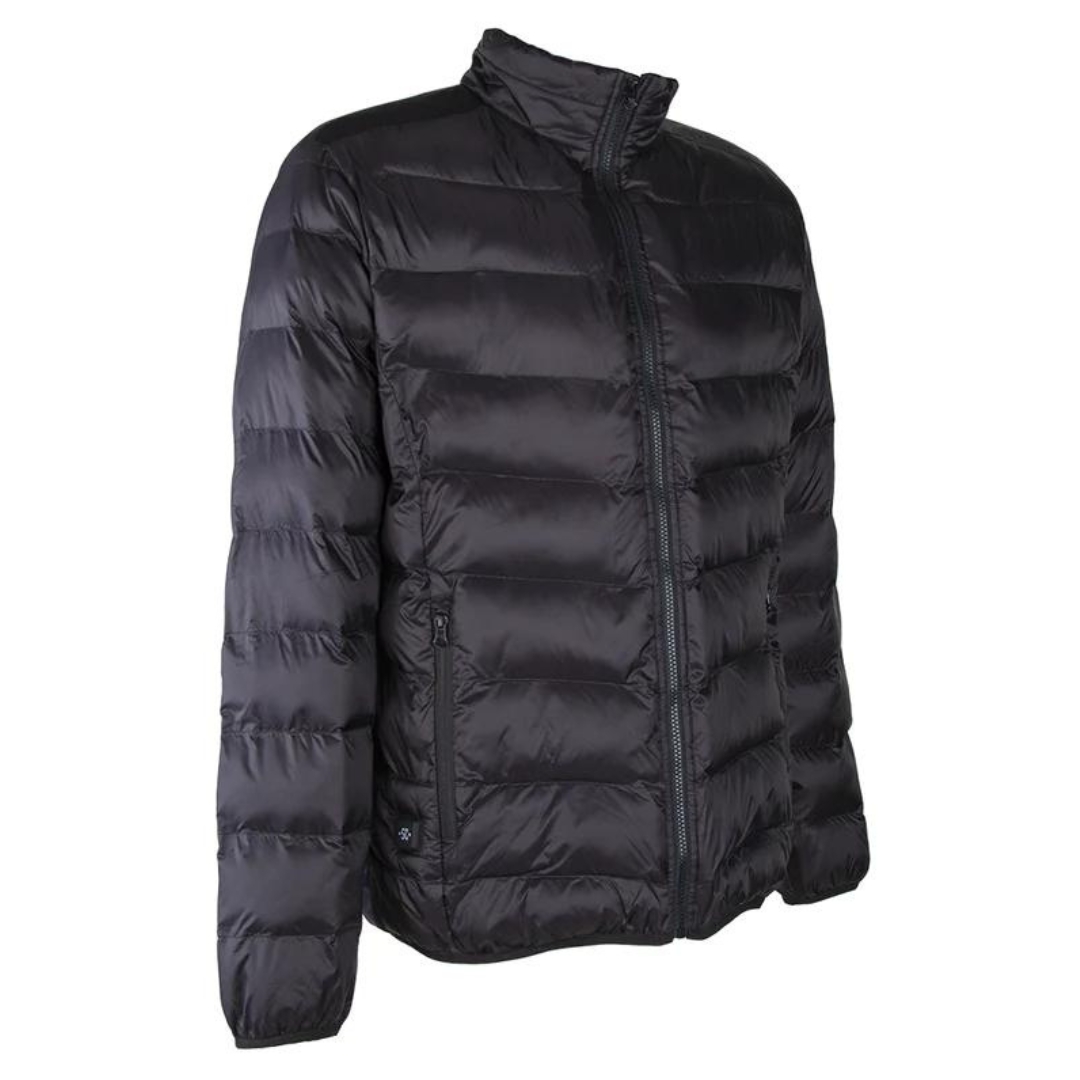 MANTEAU CHAUFFANT RECHARGEABLE SPORTCHIEF POUR HOMME couleur noir vu du manteau matelassé noir de profil avant droit