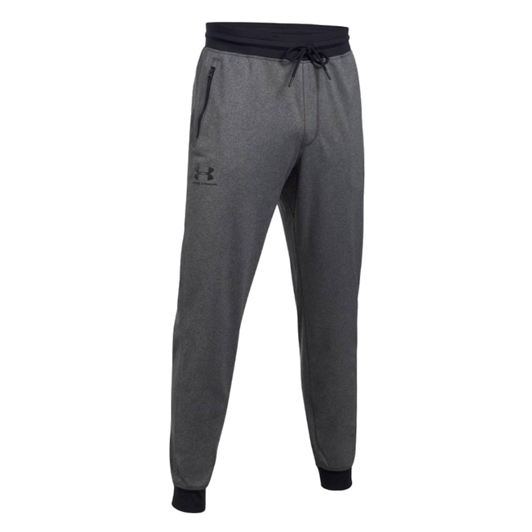 PANTALON JOGGER UNDER ARMOUR UA SPORTSTYLE POUR HOMME COULEUR 090-CARBON HEATHER BLACK PANTALON SEUL VU DE FACE AVEC TAILLE ÉLASTIQUE NOIRE SUR LE PANTALON GRIS