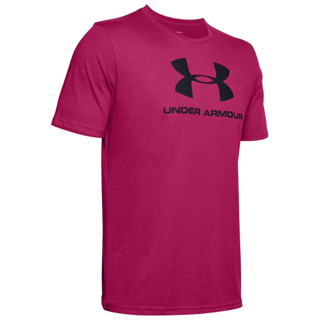 CHANDAIL À MANCHES COURTES UNDER ARMOUR UA SPORTSTYLE LOGO POUR HOMME couleur 671-EXUBERANT PINK/BLACK chandail seul vu de face/profil logo géant au devant de couleur noire sur le chandail rose