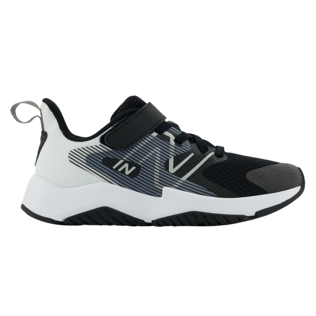 CHAUSSURE DE COURSE NEW BALANCE RAVE RUN V2 BUNGEE LACE POUR ENFANT couleur black/white vue de profil droit de la chaussure droite