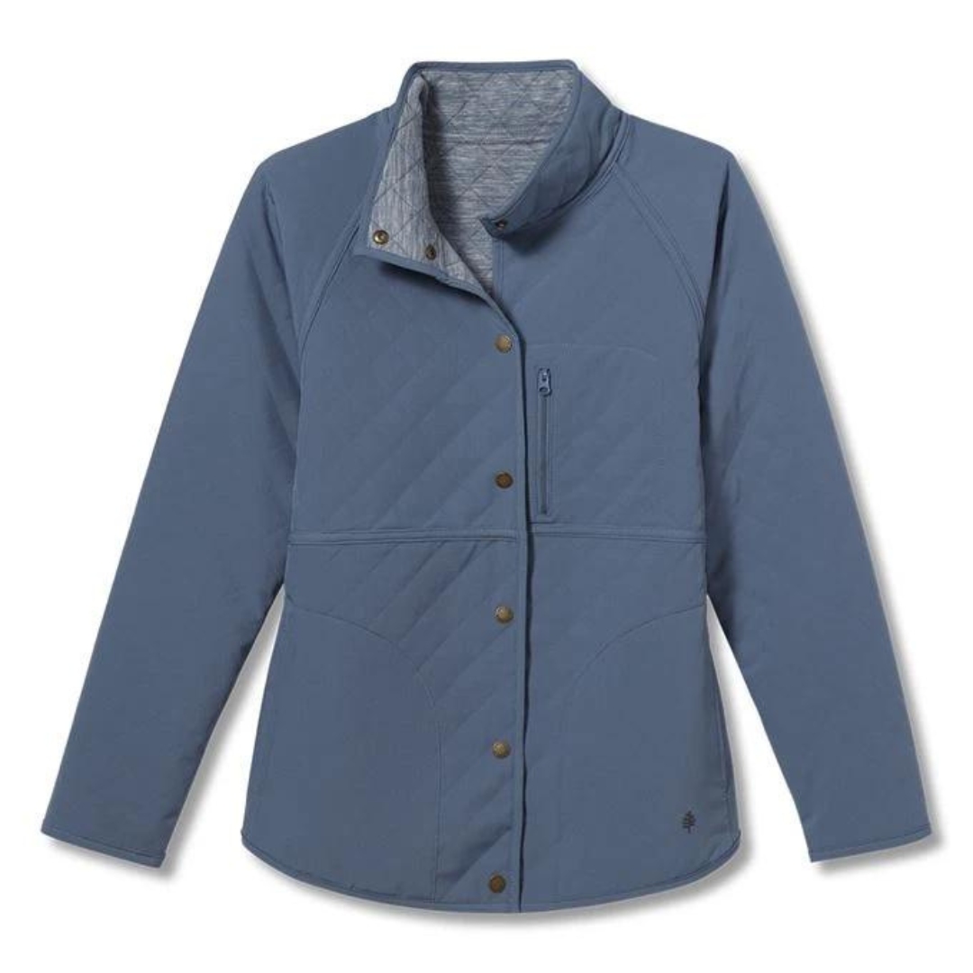 VESTE REVERSIBLE ROYAL ROBBINS SHADOWQUILT POUR FEMME couleur sea vue de face poche de poitrine à fermeture éclair et bouton à pression visible veste bleue grise extérieure et on voir la couleur intérieure grise au collet