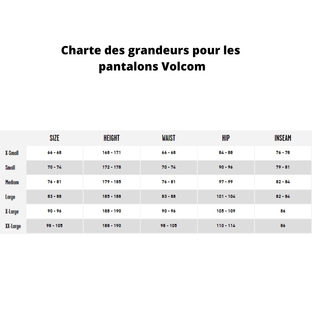charte des grandeurs des pantalons Volcom
