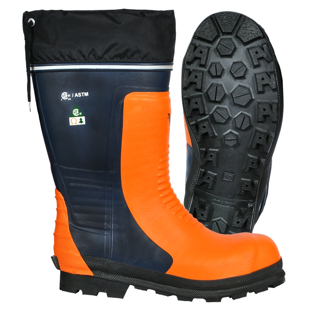 BOTTE FORESTIÈRE VIKING BUSHMASTER POUR HOMME VUE DE PROFIL DE LA BOTTE ORANGE ET BLEUR AINSI QU ELA SEMELLE D'USURE NOIRE DE LA BOTTE À CRAMPOS