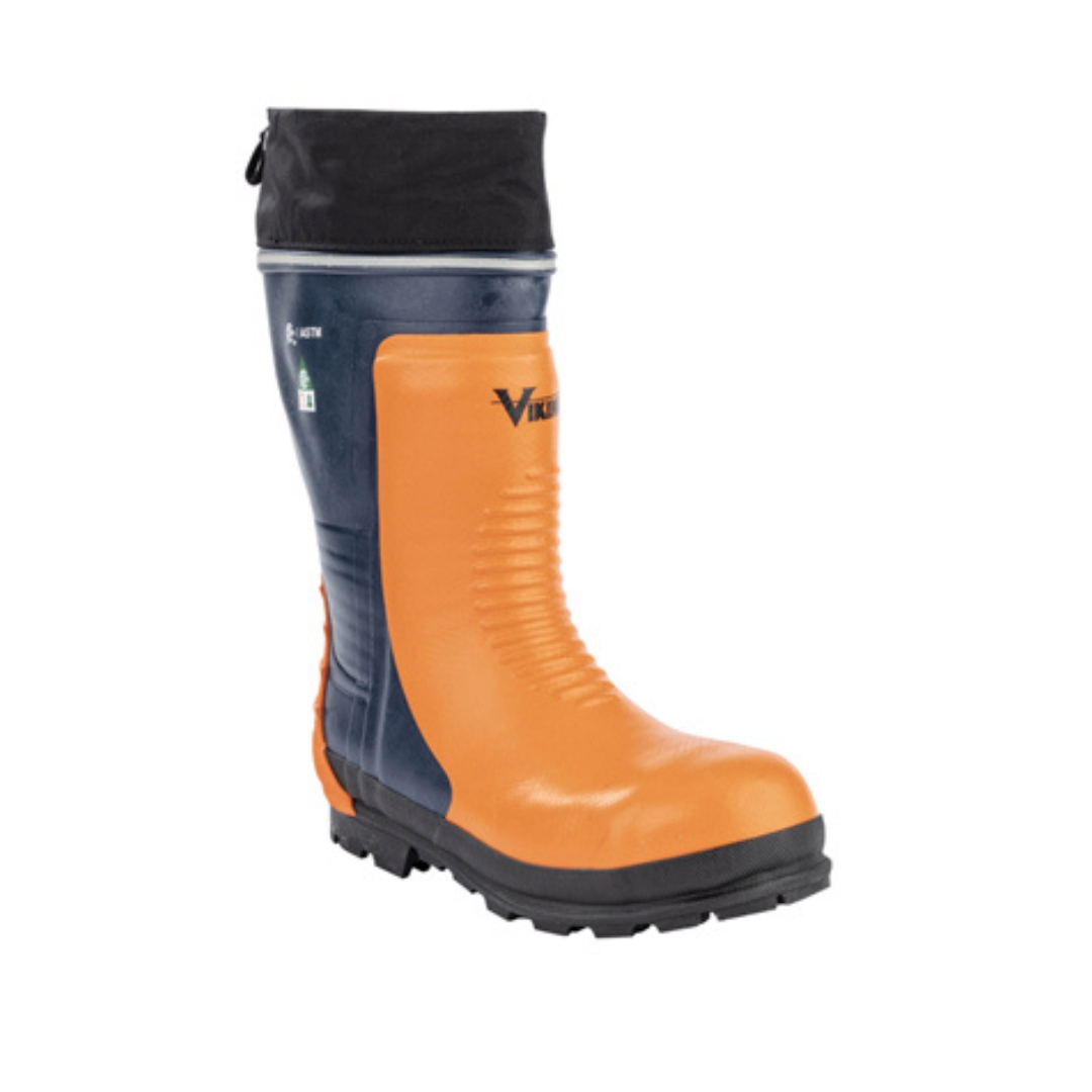 BOTTE FORESTIÈRE VIKING BUSHMASTER POUR HOMME VUE DE L'AVANT PROFIL LE NOM vIKING EN NOIR SUR LE HAUT ORANGE DE LA BOTTE
