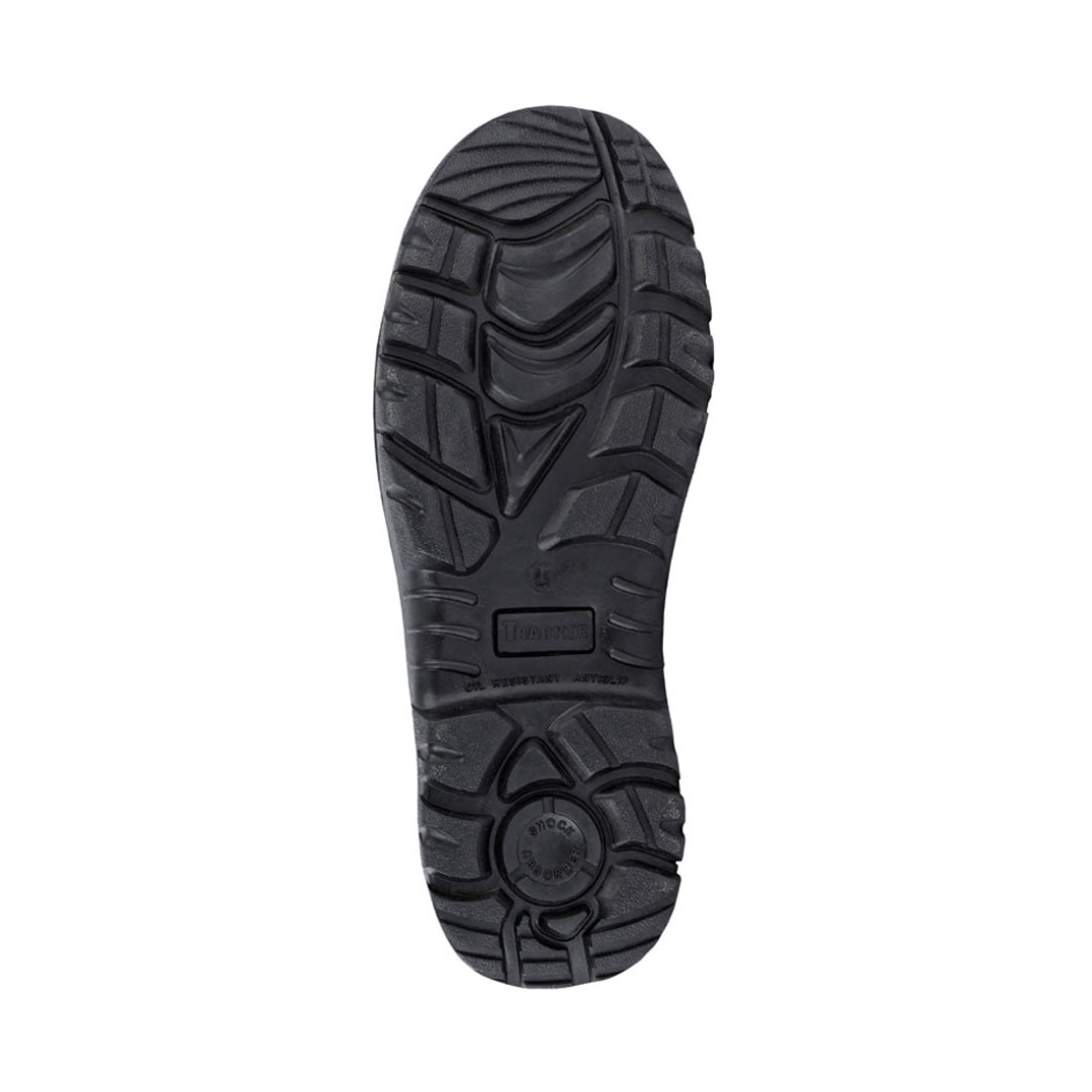 BOTTE DE SÉCURITÉ TRACKER CSA 8" SANS MÉTAL POUR HOMME VUE DE LA SEMELLE D'USURE DE LA BOTTE À CRAMPONS ENTIÈREMENT NOIRE