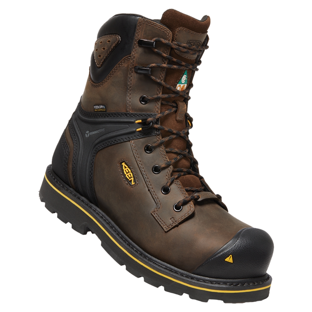 BOTTE DE SÉCURITÉ KEEN UTILITY CSA ABITIBI II POUR HOMME couleur Cascade Brown/Black vue du profil droit de la botte droite Le nom Keen sur le côté de la botte le nom connectfit aussi