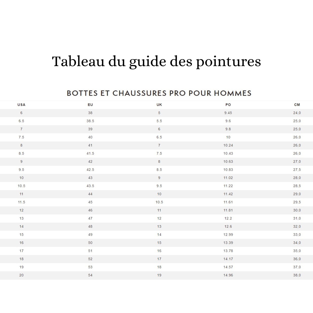 tableau des pointures des chaussures pro
