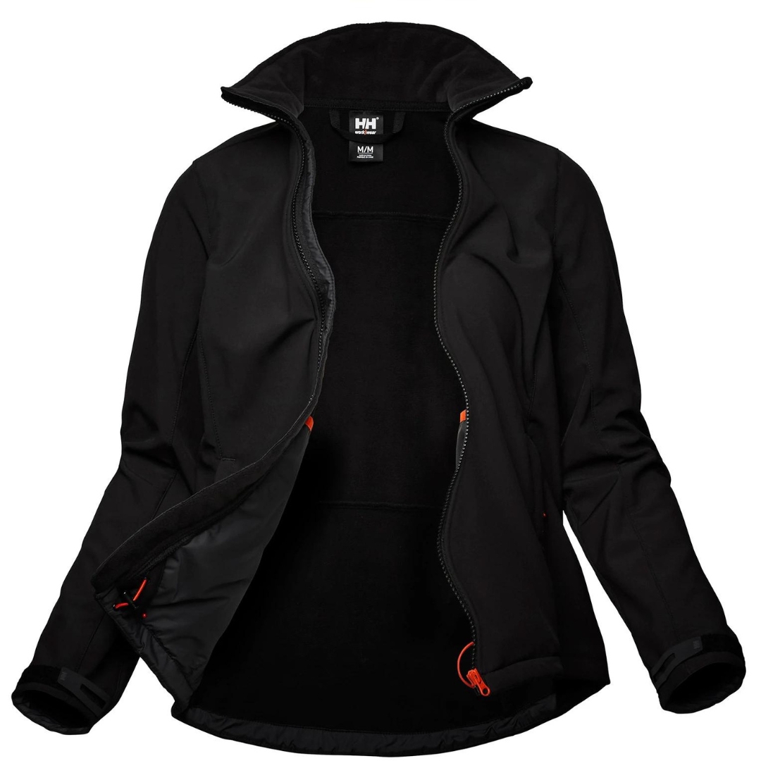 MANTEAU DE TRAVAIL HELLY HENSEN LUNA SOFTSHELL POUR FEMME couleur black manteau seul vu de face fermeture principale ouverte col montant visibles