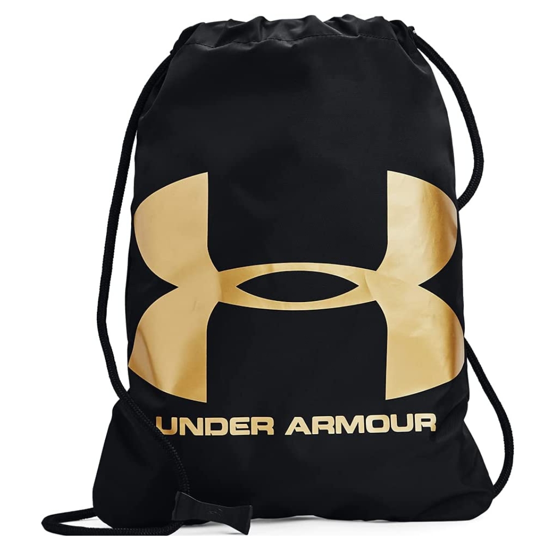 SAC À DOS UNDER ARMOUR UA OZSEE POUR ADULTE couleur 010-BLACK/METALLIC GOLD vue de face sac noir logo or métallique