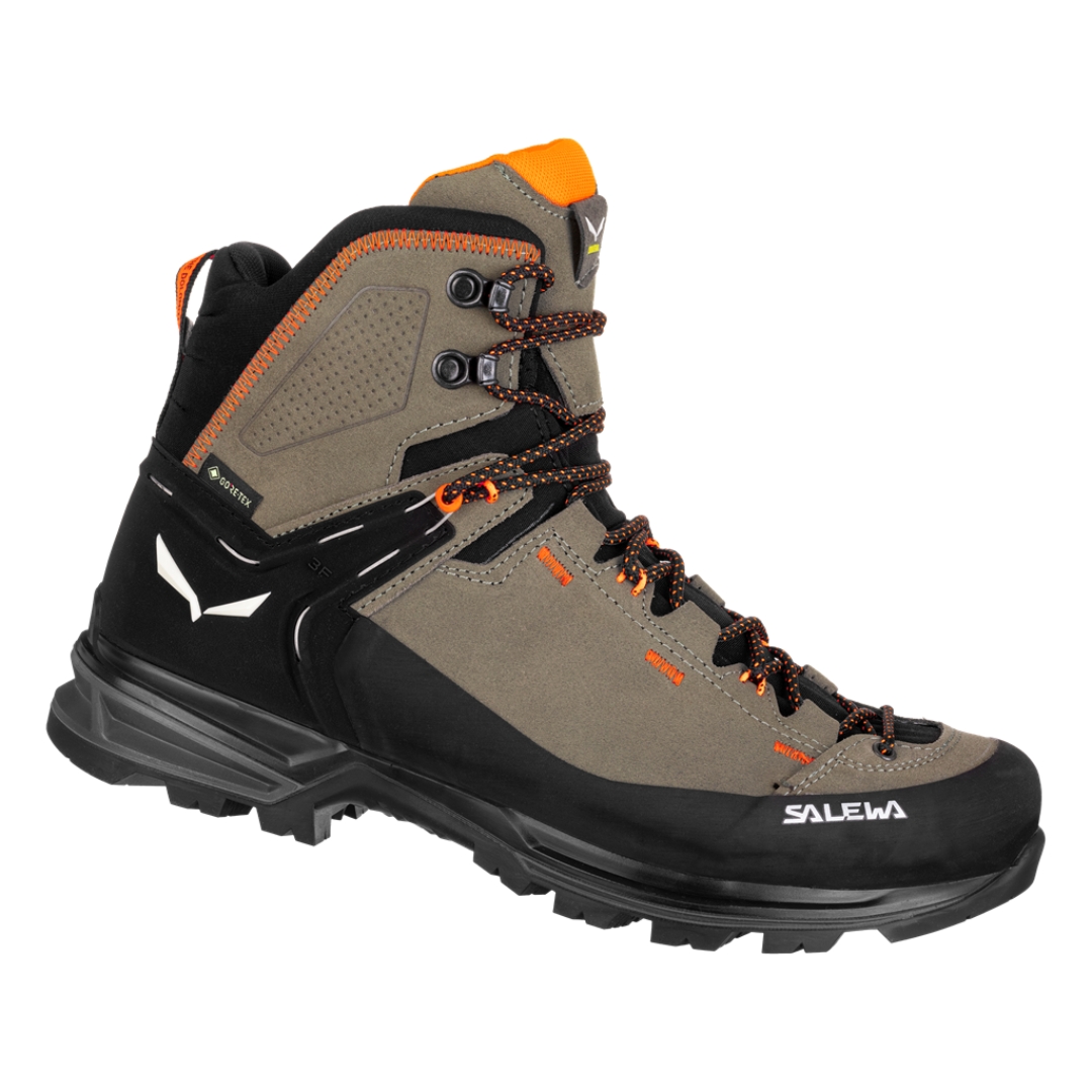 BOTTE DE RANDONNÉE SALEWA MTN TRAINER 2 MID POUR HOMME COULEUR BUNGEE CORD/BLACK VUE DU PROFIL DROIT DE LA BOTTE DROITE LOGO SALEWA BLANC AU TALON ET NOM SALEWA EN BLANC AUX ORTEILS