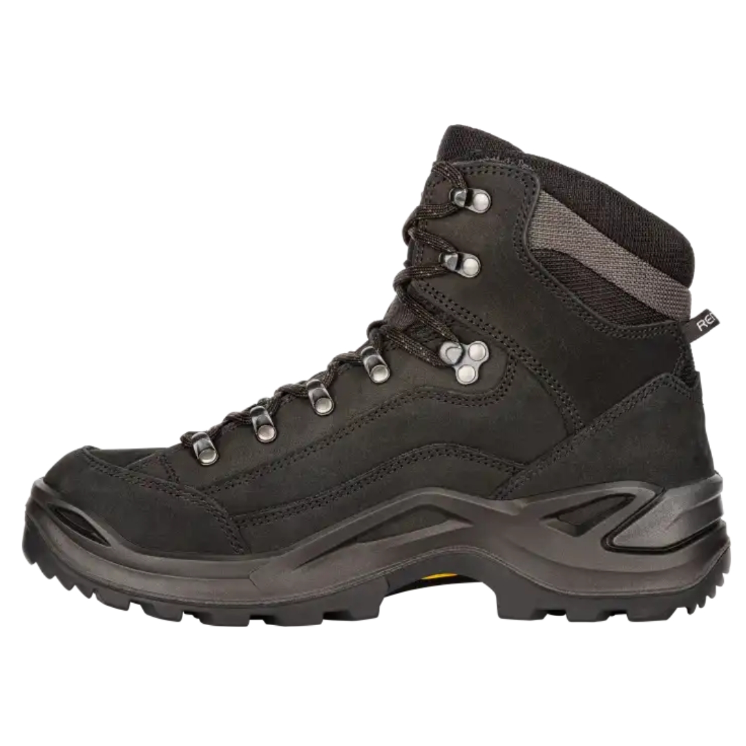 BOTTE DE RANDONNÉE LOWA RENEGADE GTX MID POUR HOMME couleur deepblack vue du profil gauche de la botte droite avec oeillets métaliques visibles