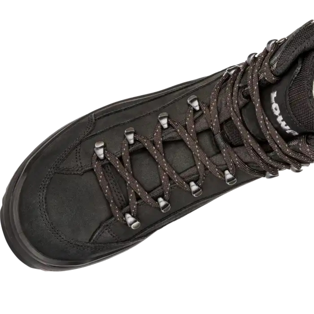 BOTTE DE RANDONNÉE LOWA RENEGADE GTX MID POUR HOMME couleur deepblack vue du dessus de la botte droite avec lacets visibles