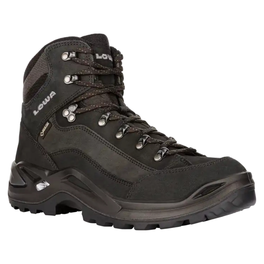 BOTTE DE RANDONNÉE LOWA RENEGADE GTX MID POUR HOMME couleur deepblack vue de la botte droite de profil avant droit