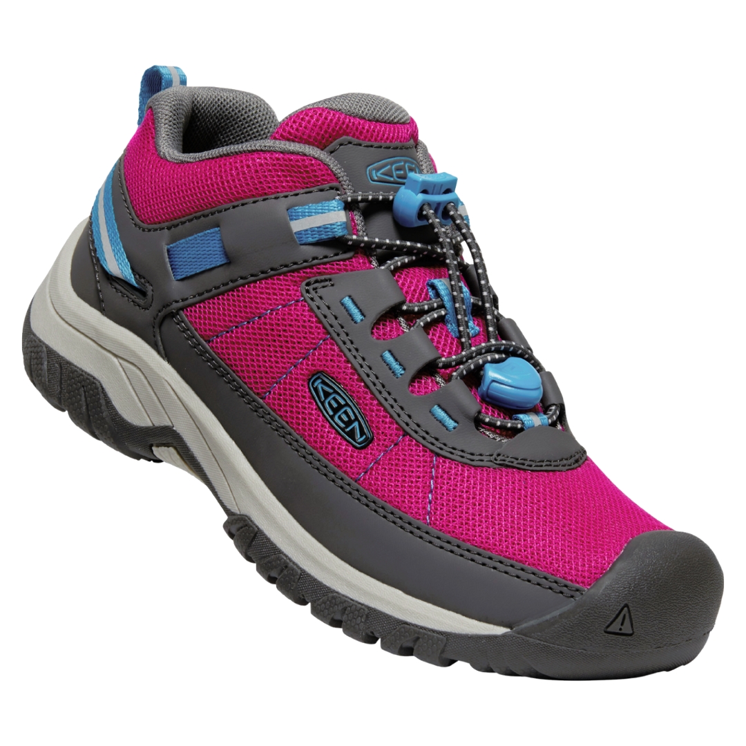 CHAUSSURE DE MARCHE KEEN TARGHEE SPORT VENT POUR JUNIOR couleur FESTIVAL FUCHSIA/MAGNET vue de la chaussure droite de profil droit avec les lacets speed-lace visible ainsi que le nom keen sur le flanc de la chaussure