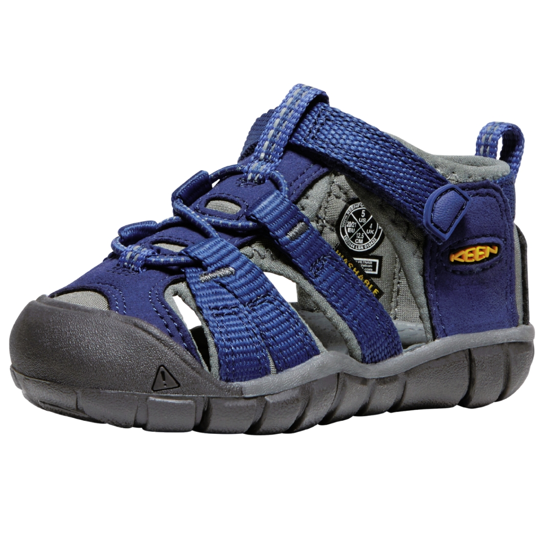 SANDALE KEEN SEACAMP II CNX POUR PETIT ENFANT (4 À 7) COULEUR BLUE DEPTHS/GARGOYLE SANDALE BLEUE SEMELLE D'USURE GRISE ET NOM KEEN EN JAUNE SUR LA CHEVILLE