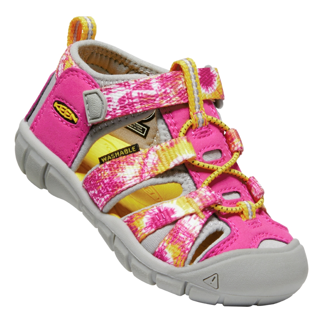 SANDALE KEEN SEACAMP II CNX POUR PETIT ENFANT (4 À 7)COULEUR MULTI/KEEN YELLOW SANDALE ROSE AVEC ACCENT JAUNE BANDE VELCRO ET EMBOUT PROTECTEUR DES ORTEILS GRIS PALES