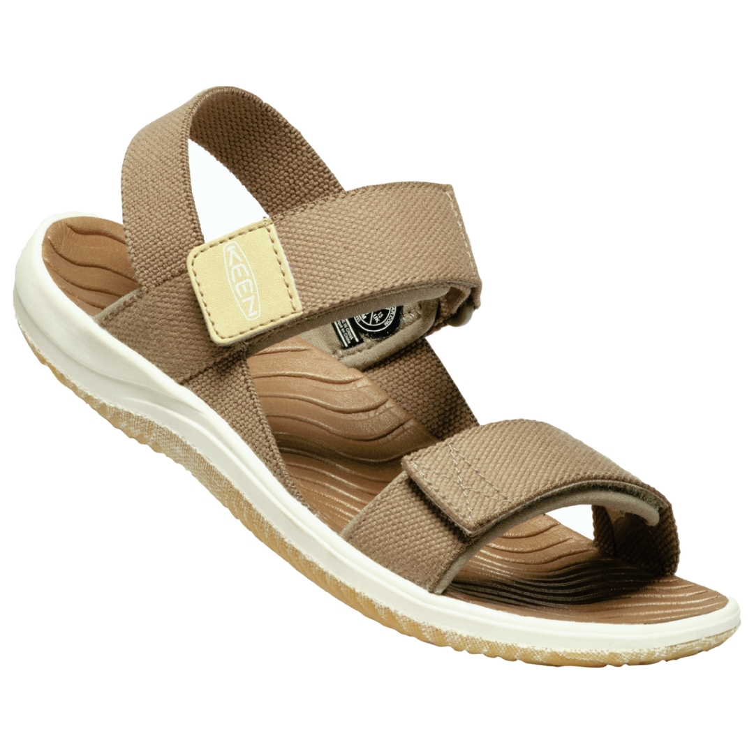 SANDALE KEEN ELLE BACKSTRAP POUR FILLE JUNIOR (1 À 7) COULEUR Brindle/Star White VUE DE LA SANDALE DROITE DE PROFIL DROIT AVEC LES SANGLES BRUNES CONTOUR DE LA SEMELLE D,USURE GRIS PALE ET LE NOM KEEN SUR LE BOUT D'UNE SANGLE