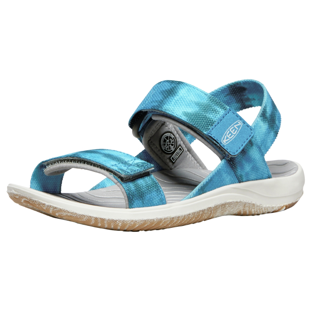 SANDALE KEEN ELLE BACKSTRAP POUR FILLE ENFANT COULEUR Sea Moss/Fjord Blue VUE DE LA SANDALE GAUCHE DE PROFIL GAUCHE SANGLES EN DIFFÉRENTS TONS DE BLEU AVEC VELCRO POUR AJUSTEMENT