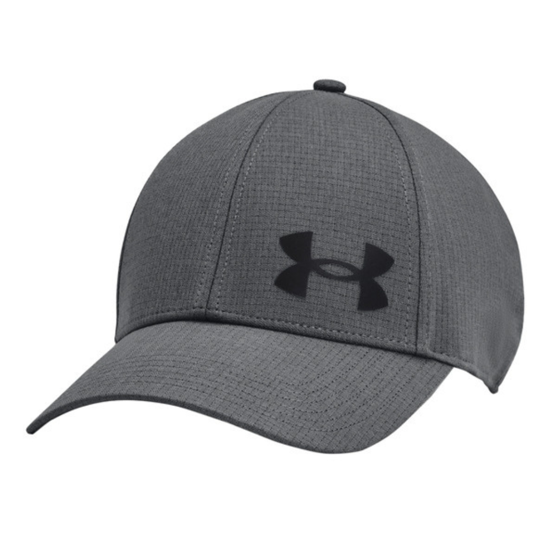 CASQUETTE EXTENSIBLE UNDER ARMOUR UA ARMOURVENT POUR HOMME couleur 012-PITCH GRAY-BLACK vue de face casquette grise et logo under armour noir