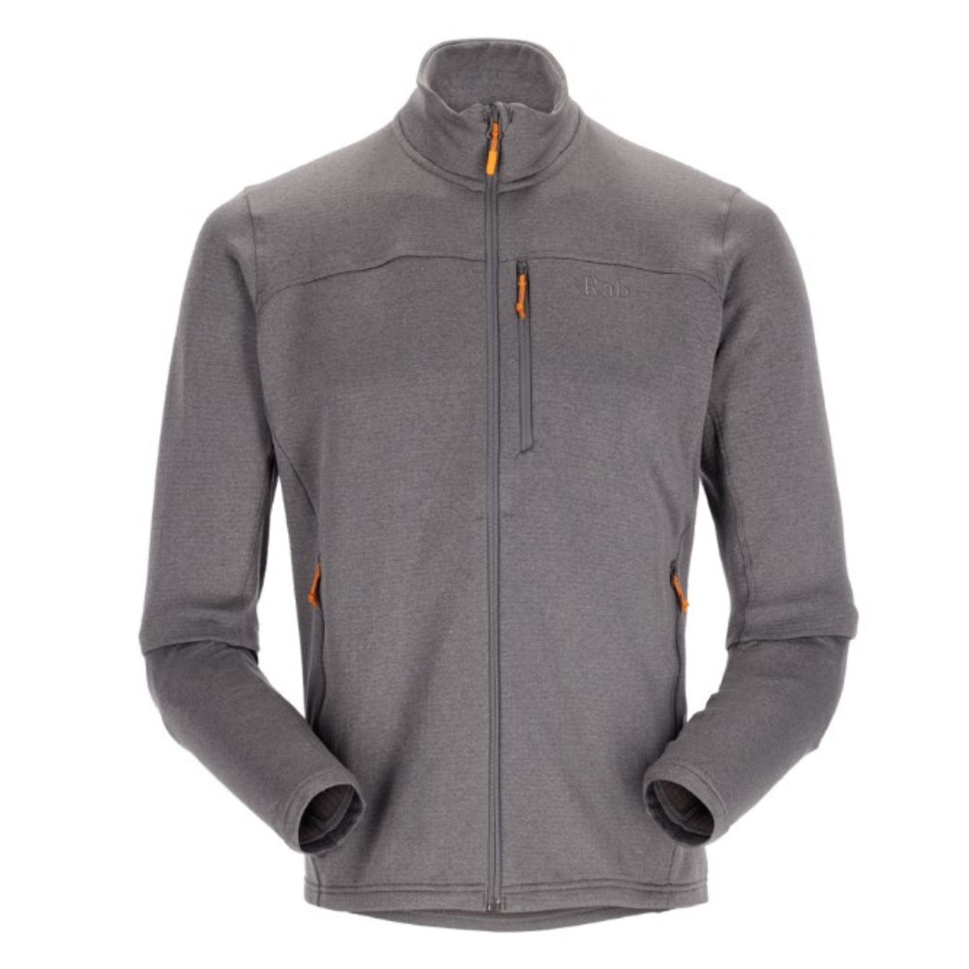 VESTE EN LAINE POLAIRE RAB GRAVITON POUR HOMME couleur graphène vu de face veste seule avec col remontant et poche de poitrine à fermeture éclair visible. Le nom rab est brodé à gauche à la poitrine en ton sur ton de gris les détails de la veste sont oranges