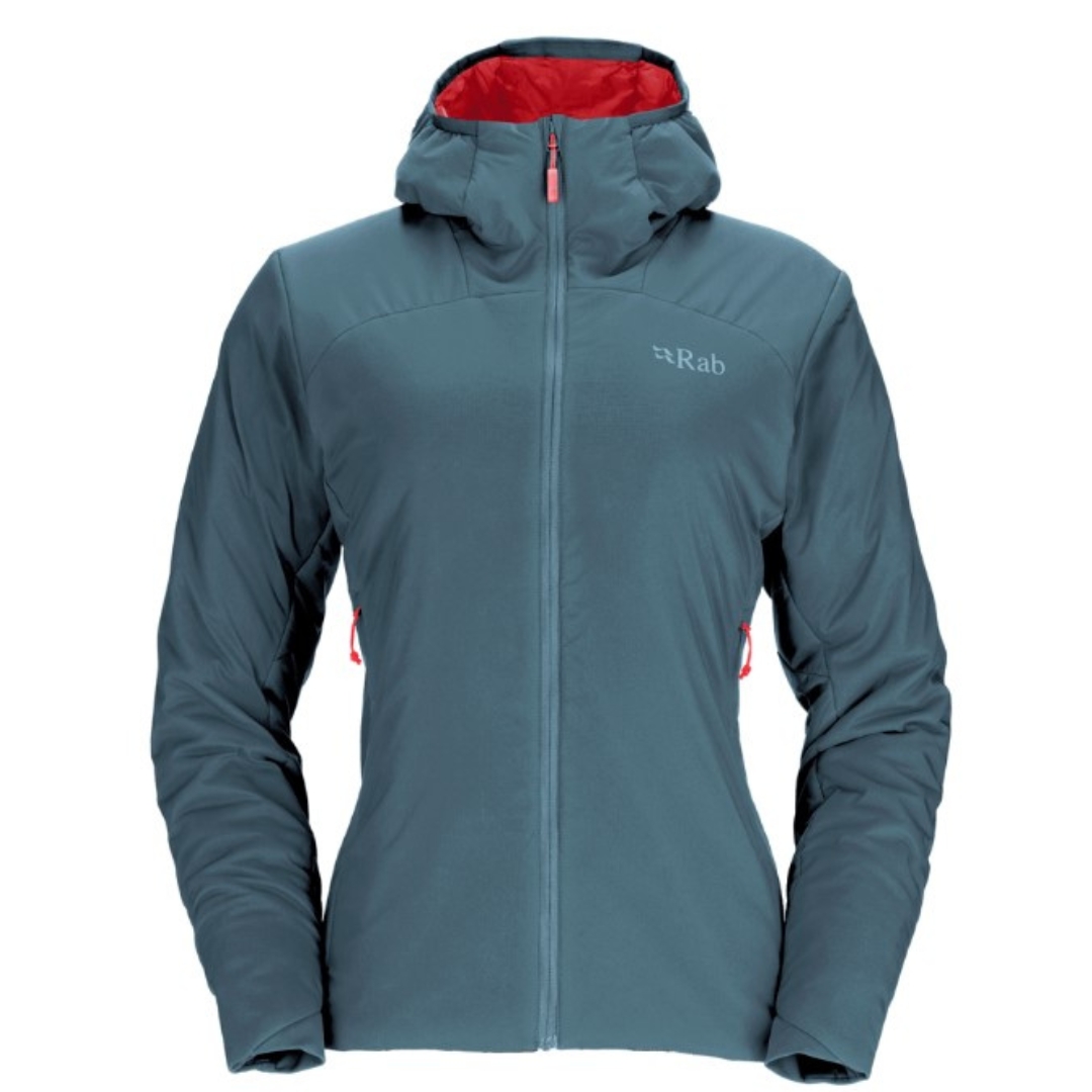 MANTEAU RAB XENAIR ALPINE LIGHT POUR FEMME COULEUR ORION BLUE MANTEAU BLEU ACIER AVEC DÉTAILS ORANGES ET LOGO RAB BLEU PALE