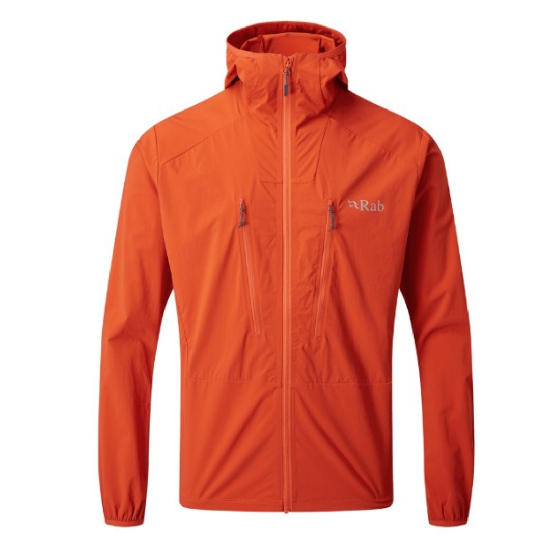 MANTEAU RAB BOREALIS POUR HOMME couleur firecracker manteau orange avec logo RAB et détails gris
