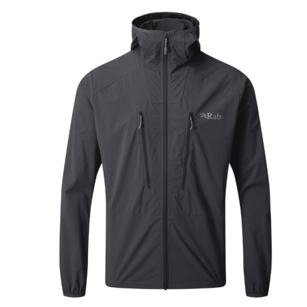 MANTEAU RAB BOREALIS POUR HOMME couleur beluga vu de face manteau noir avec détails et logo RAB en gris pale