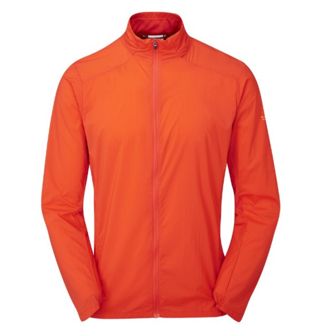 MANTEAU COUPE VENT RAB WINDVEIL POUR HOMME couleur firecracker manteau seul vu de face col remontant visible, manches articulées également manteau orange avec logo RAB en jaune à la manche gauche