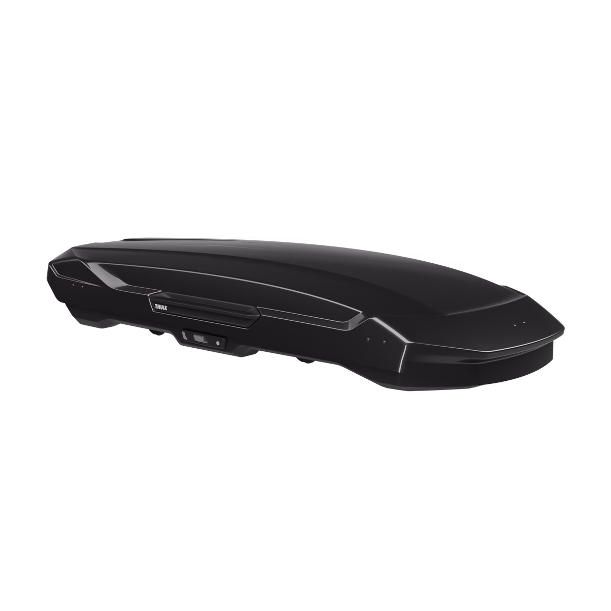 Le COFFRE DE TOIT THULE MOTION 3 XL LOW est un coffre de toit noir au design aérodynamique et épuré, présenté sur un fond blanc uni.