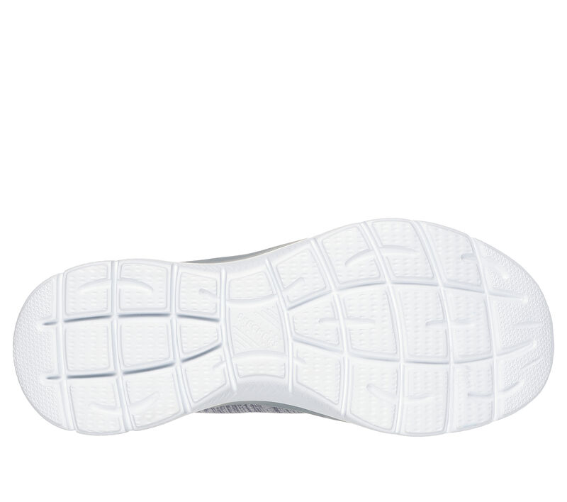 L'image montre la semelle d'une chaussure de sport blanche, comportant un motif de bandes de roulement rectangulaires en caoutchouc conçues pour la traction.