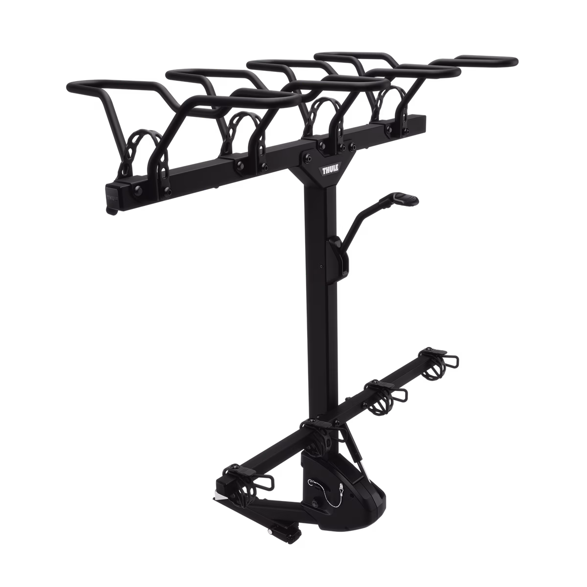 Le REVERT 4-BIKE est un porte-vélos noir monté sur l'attelage, avec quatre berceaux inclinés, une barre de support centrale et du matériel de montage à la base, conçu pour attacher en toute sécurité jusqu'à quatre vélos à votre véhicule.