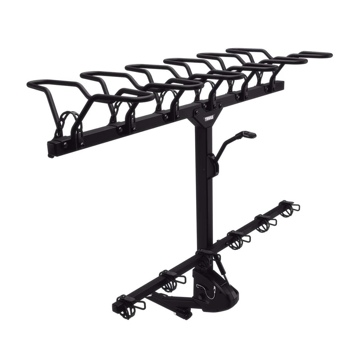 Le REVERT 6-BIKE est un porte-vélos noir monté sur l'attelage avec six fentes pour les vélos, doté d'une construction métallique robuste et d'un poteau de support central pour une stabilité accrue.