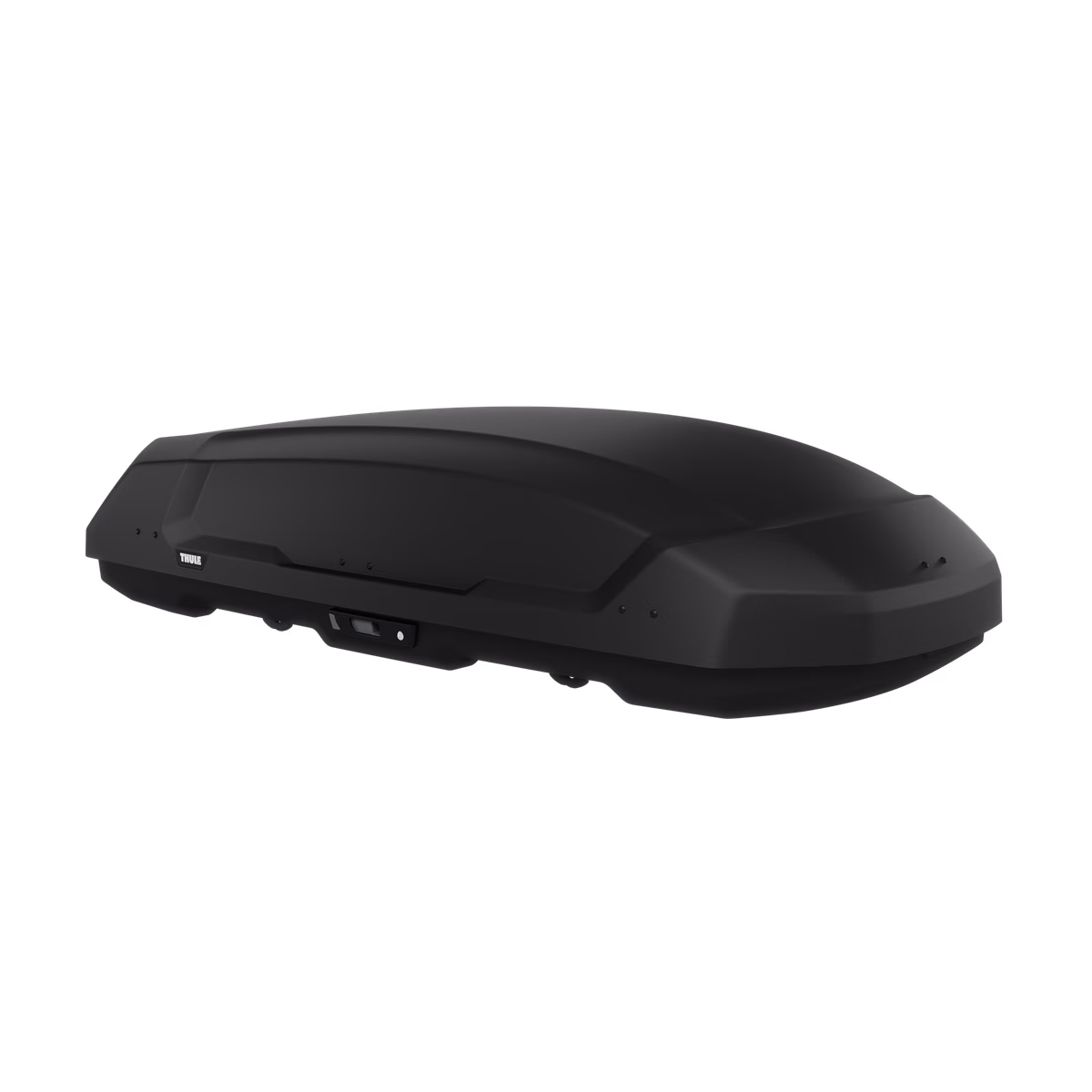 Le COFFRE DE TOIT THULE FORCE 3 (LARGE) est un coffre de toit noir au design épuré en plastique dur, idéal pour le montage sur les véhicules. Représenté sur fond blanc.