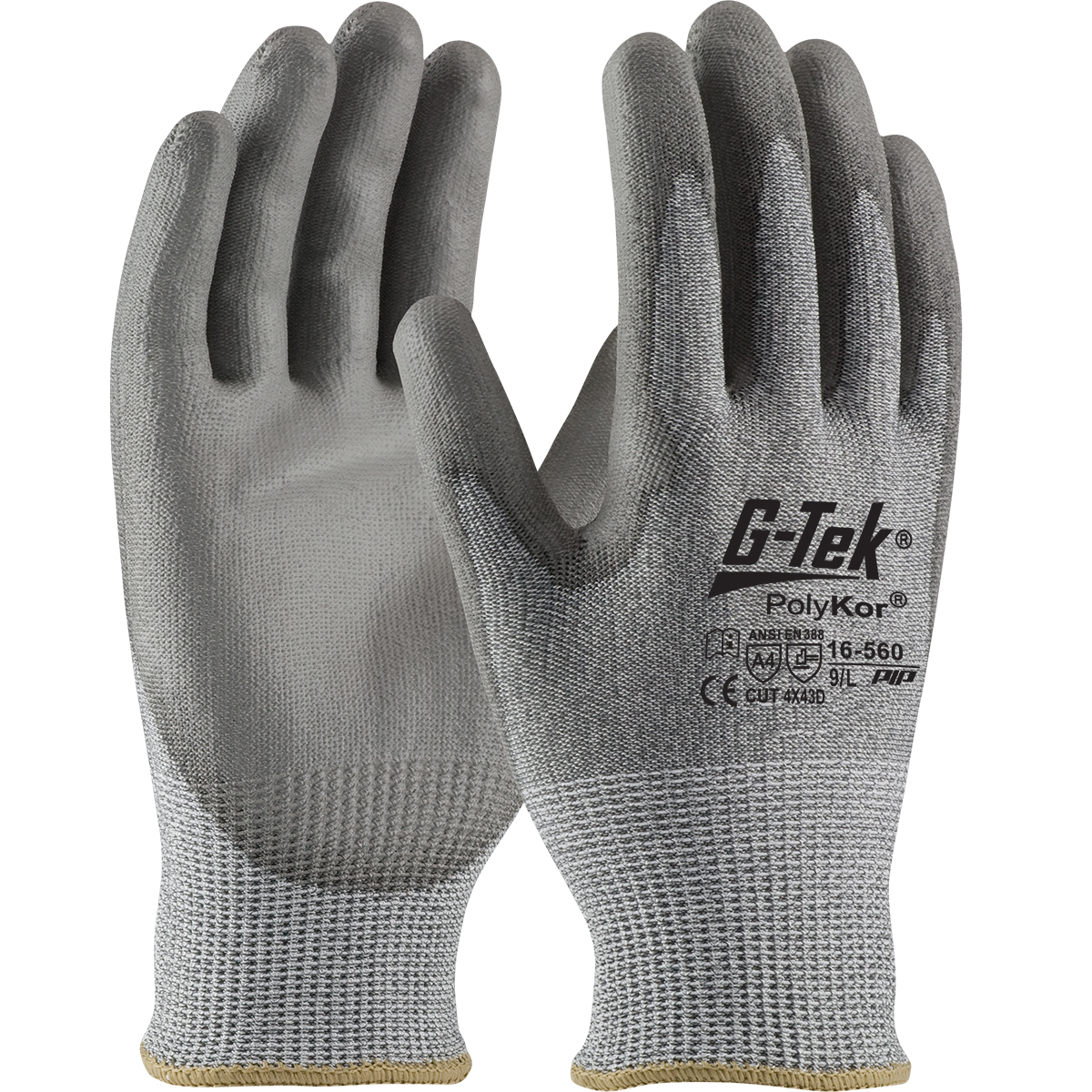 Une paire de gants de travail de protection G-Tek PolyKor gris avec texte noir et icônes de sécurité au dos, dotés d'un design en tricot sans couture et de poignets élastiques.