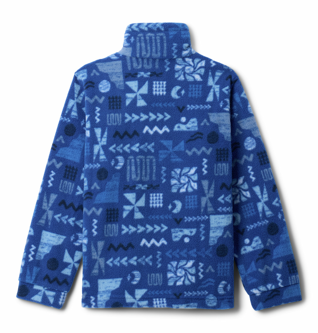 Veste polaire bleue avec col montant et motif de formes géométriques abstraites dans différentes nuances de bleu. Le motif comprend des points, des zigzags, des triangles et des lignes, créant un look ludique et dynamique.