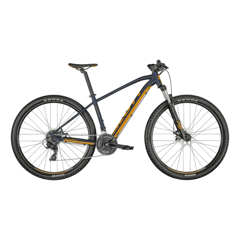 Le SCOTT ASPECT 970 est un VTT noir et jaune doté d'un cadre robuste, d'une fourche à suspension avant, de pneus à crampons et de freins à disque. Il est présenté en vue latérale sur fond blanc.