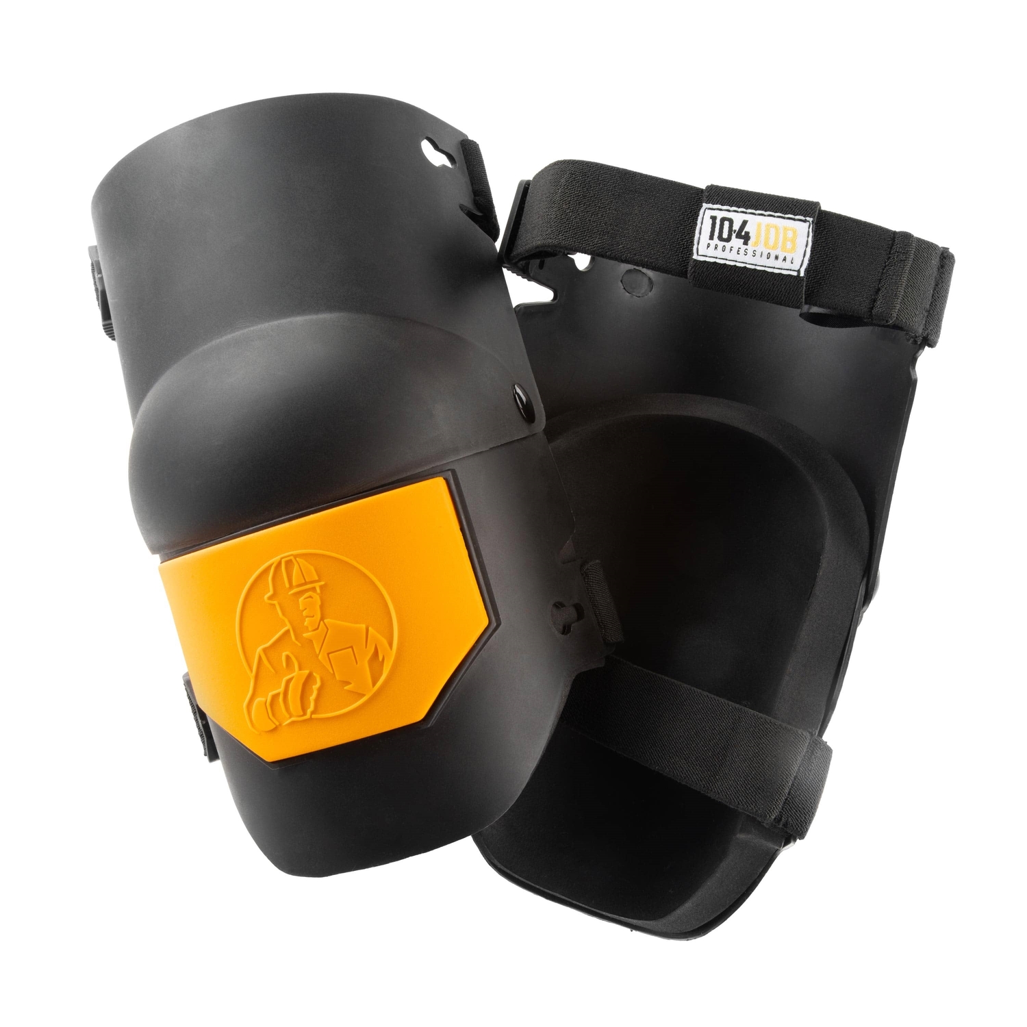 Une paire de genouillères noires avec des sangles réglables et un capuchon de protection jaune vif sur l'une, avec un logo d'ouvrier du bâtiment en relief.