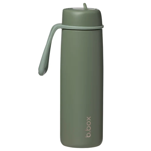 Une gourde verte ISOLANTE À COUVERCLE BASCULANT de 690 ml, dotée d'une poignée assortie fixée au couvercle et du logo « b.box » imprimé près de la base.