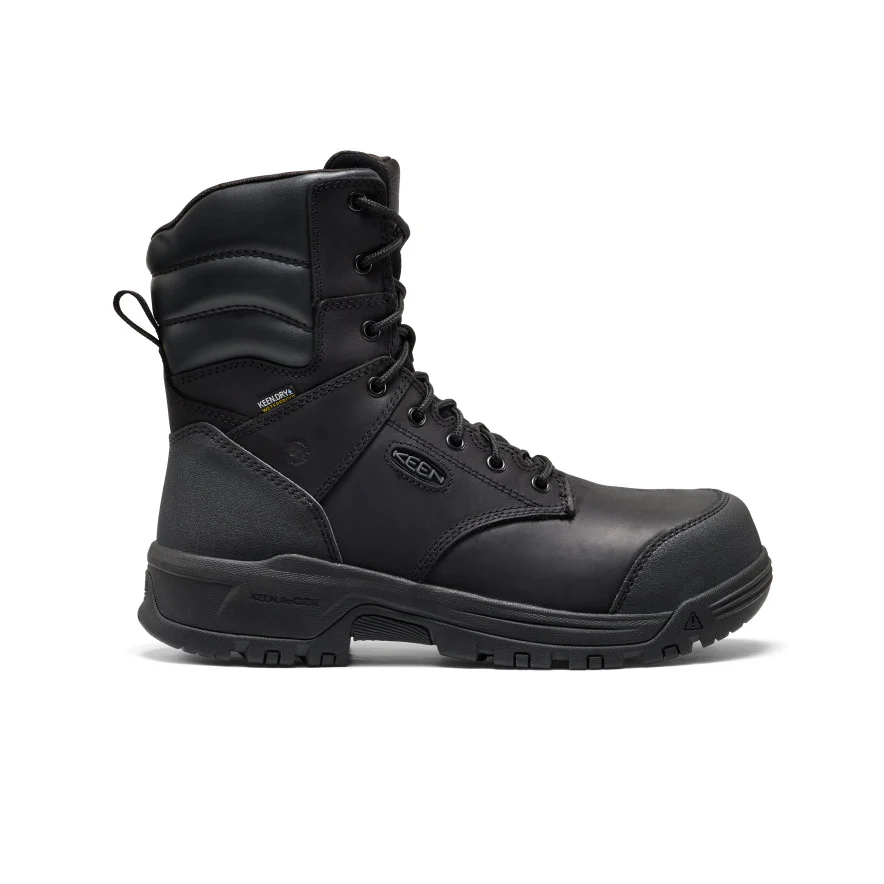 La BOTTE DE TRAVAIL IMPERMÉABLE KEEN UTILITY CSA EVANSTON+ 8" POUR HOMME est une botte de travail noire, haute et imperméable, avec une semelle robuste, une cheville rembourrée, des œillets métalliques et un bout renforcé, présentée en vue latérale sur fond blanc.