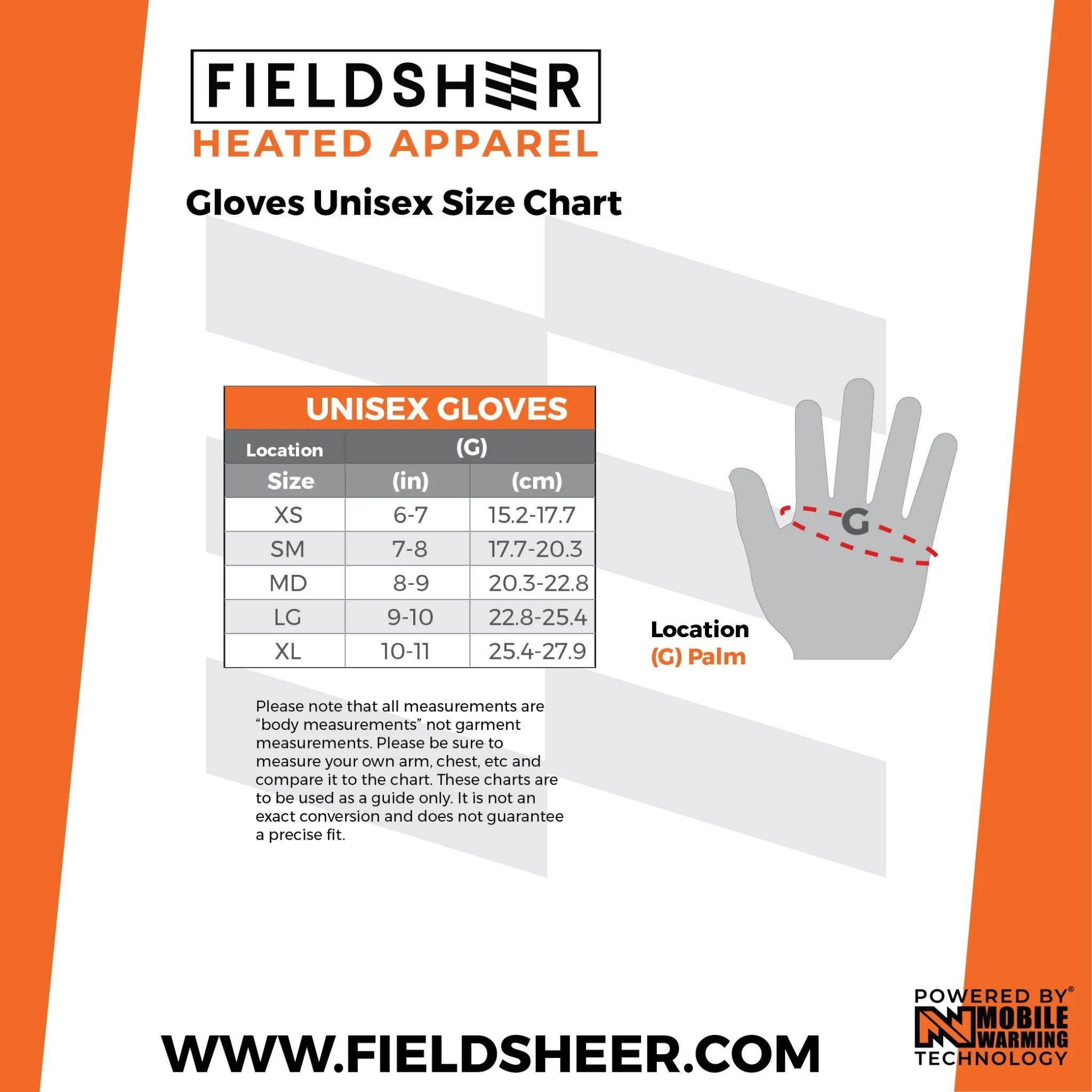 Le tableau des tailles des gants chauffants Fieldsheer indique les tailles de gants unisexes XS à XL avec les mesures de paume correspondantes en pouces et en centimètres. Comprend un diagramme mettant en évidence l'emplacement de la mesure de la paume. Remarque sur la précision des mesures en bas.