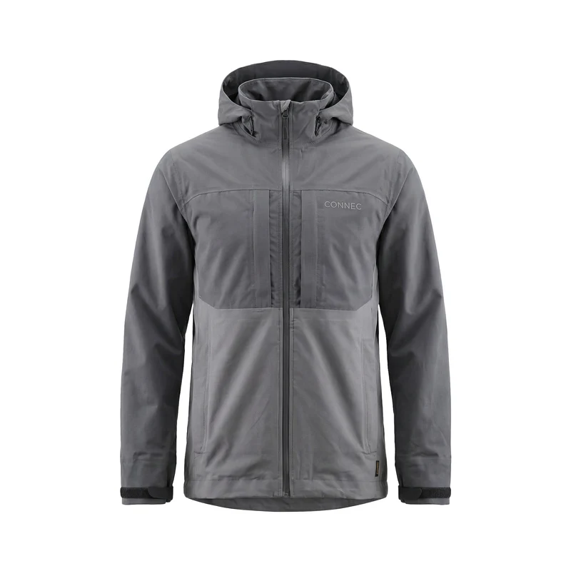 Veste de pluie MANTEAU TORRENT 2,5 L, grise, à capuche, dotée d'une fermeture éclair sur toute la longueur et de poches poitrine.