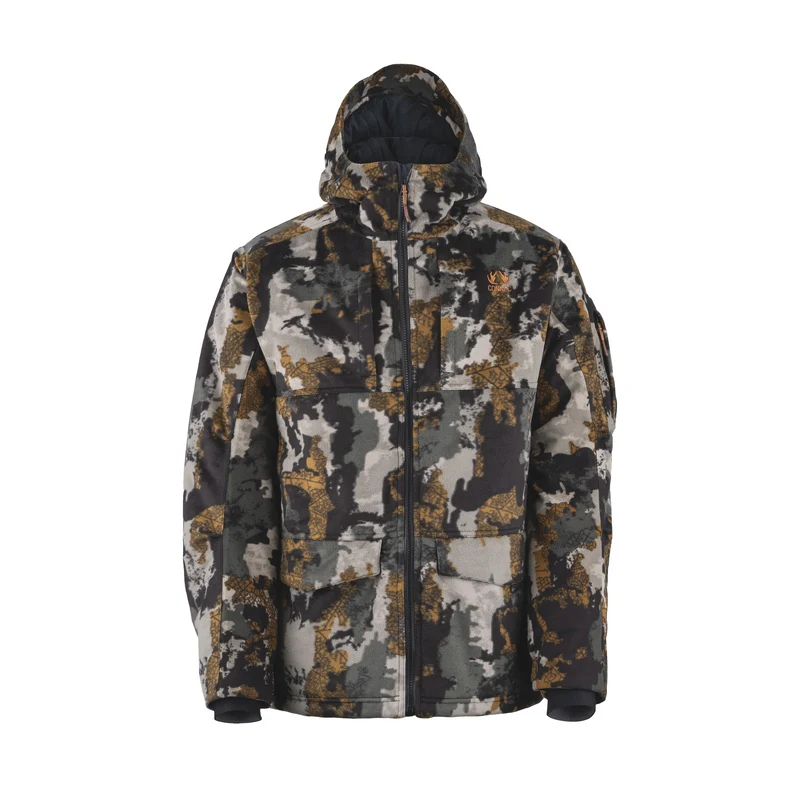 MANTEAU INDUCTION VENT : veste d'hiver à capuche, motif camouflage, avec fermeture éclair sur le devant et deux poches inférieures.