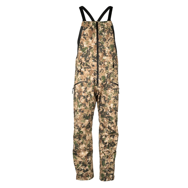 SALOPETTE HURRICANE : salopette imperméable à motif camouflage, avec bretelles noires et fermeture éclair sur le devant.