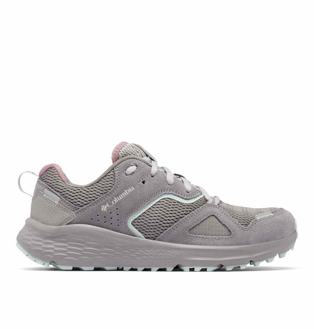 La CHAUSSURE DE MARCHE COLUMBIA BETHANY (LARGE) POUR FEMME est une chaussure de marche pour femme de couleur grise, composée d'empiècements en mesh et en daim, rehaussée de touches de bleu clair et de rose, dotée d'une semelle blanche texturée antidérapante et de lacets ; vue de profil sur fond blanc.