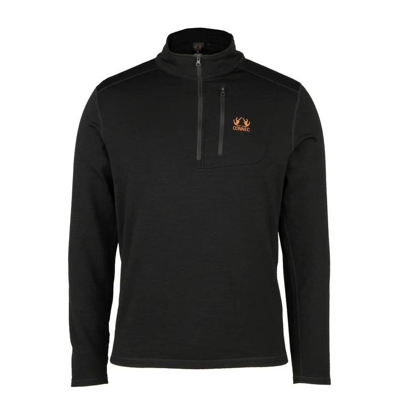 HAUT DE SOUS-VÊTEMENT CONNEC MERION 240 : pull noir à manches longues et fermeture à glissière sur un quart de longueur, orné d'un logo orange sur la poche poitrine.