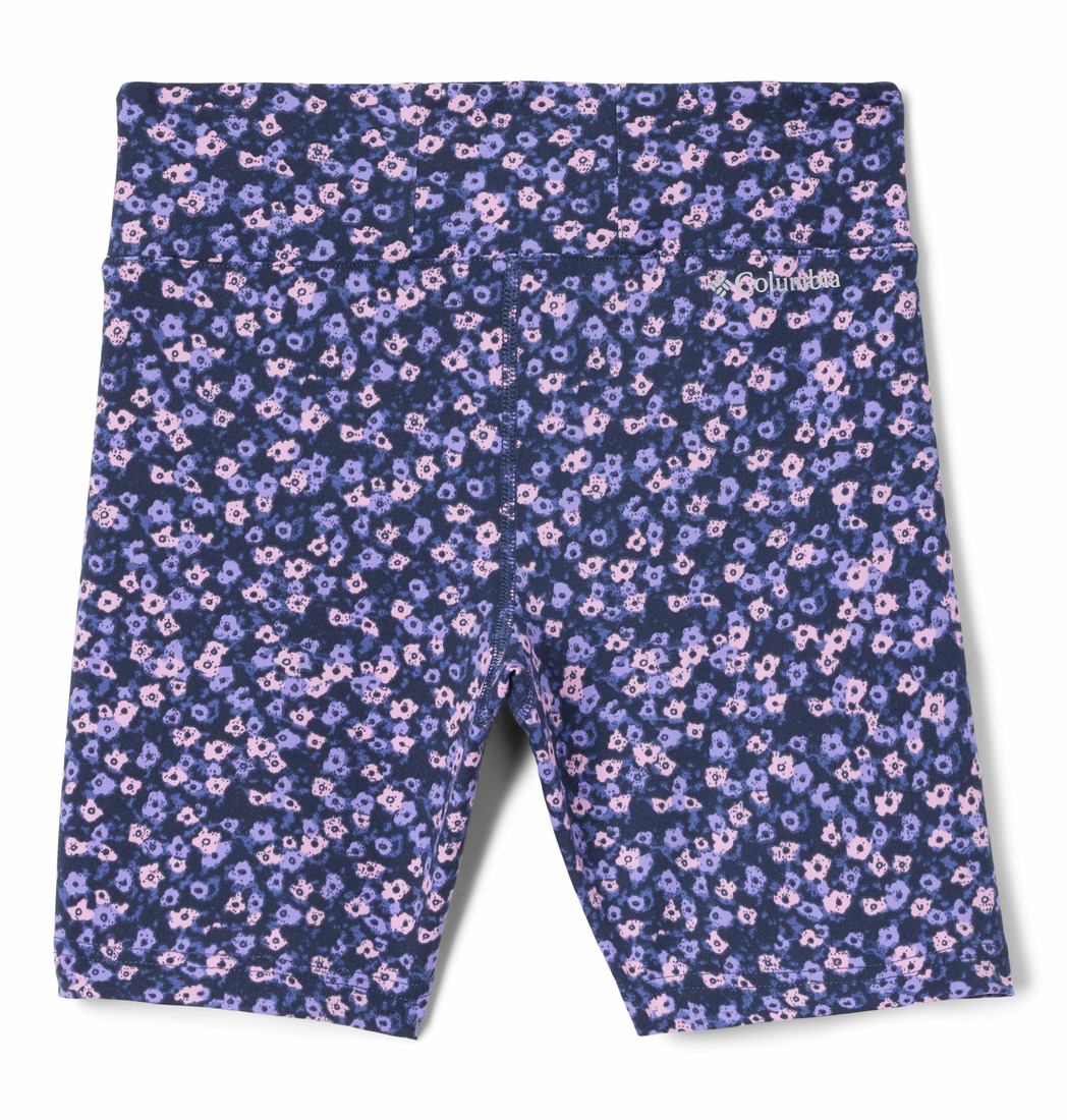 Short cycliste violet et bleu marine orné d'un imprimé floral intégral dans les tons violet et rose. Le logo « OshKosh » est imprimé près de la ceinture, sur le côté droit.