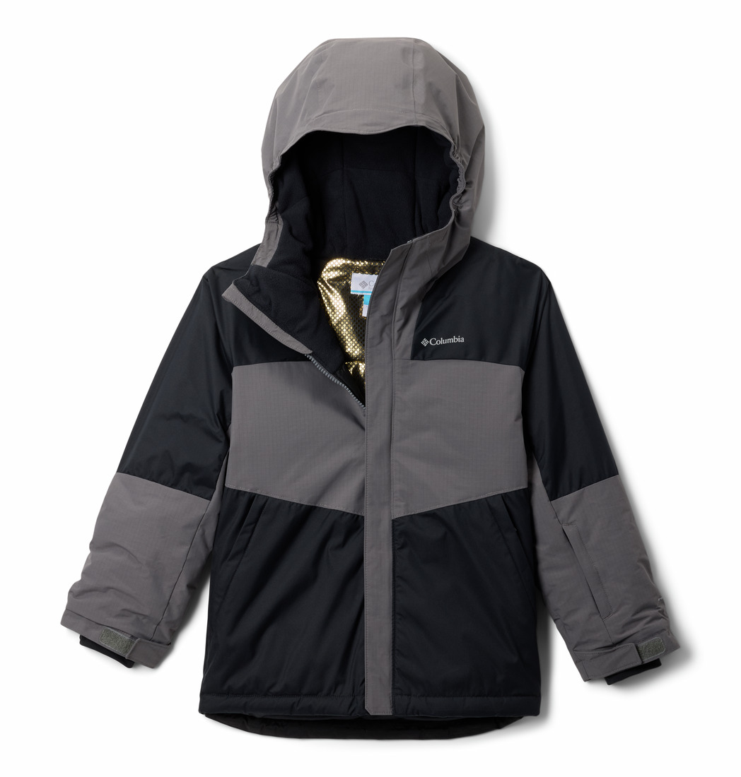 Veste d'hiver noire et grise avec capuche, fermeture à glissière sur le devant et deux poches sur le devant. La veste porte le logo Columbia sur la poitrine gauche et présente un motif géométrique en blocs de couleurs.