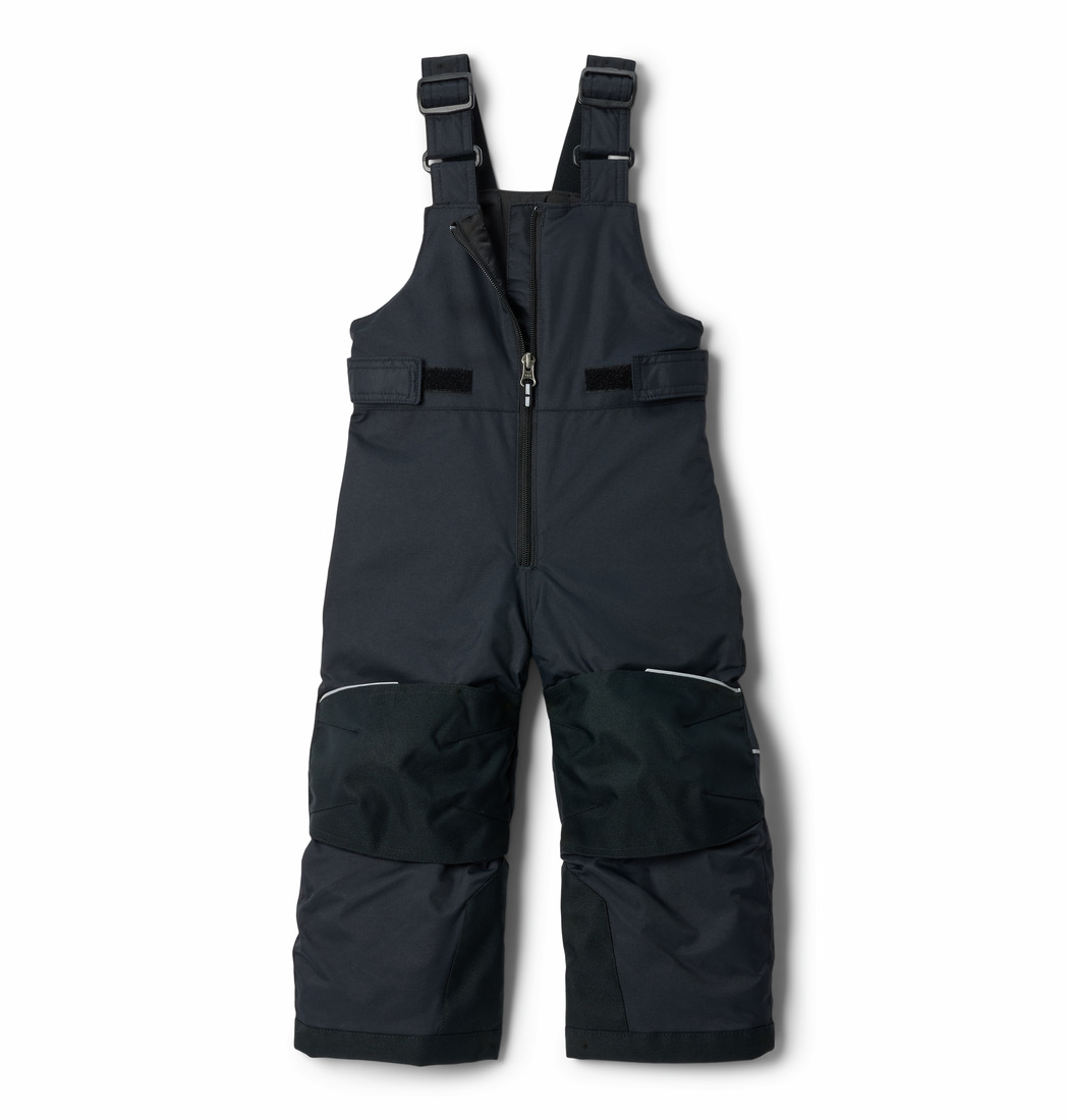 La SALOPETTE D'HIVER COLUMBIA ADVENTURE RIDE II POUR TOUT-PETITS (2T À 4T) est une bavette de neige noire, isolée, avec des bretelles réglables, une fermeture éclair sur le devant et des genoux renforcés, idéale pour le temps froid et les jeux en plein air.