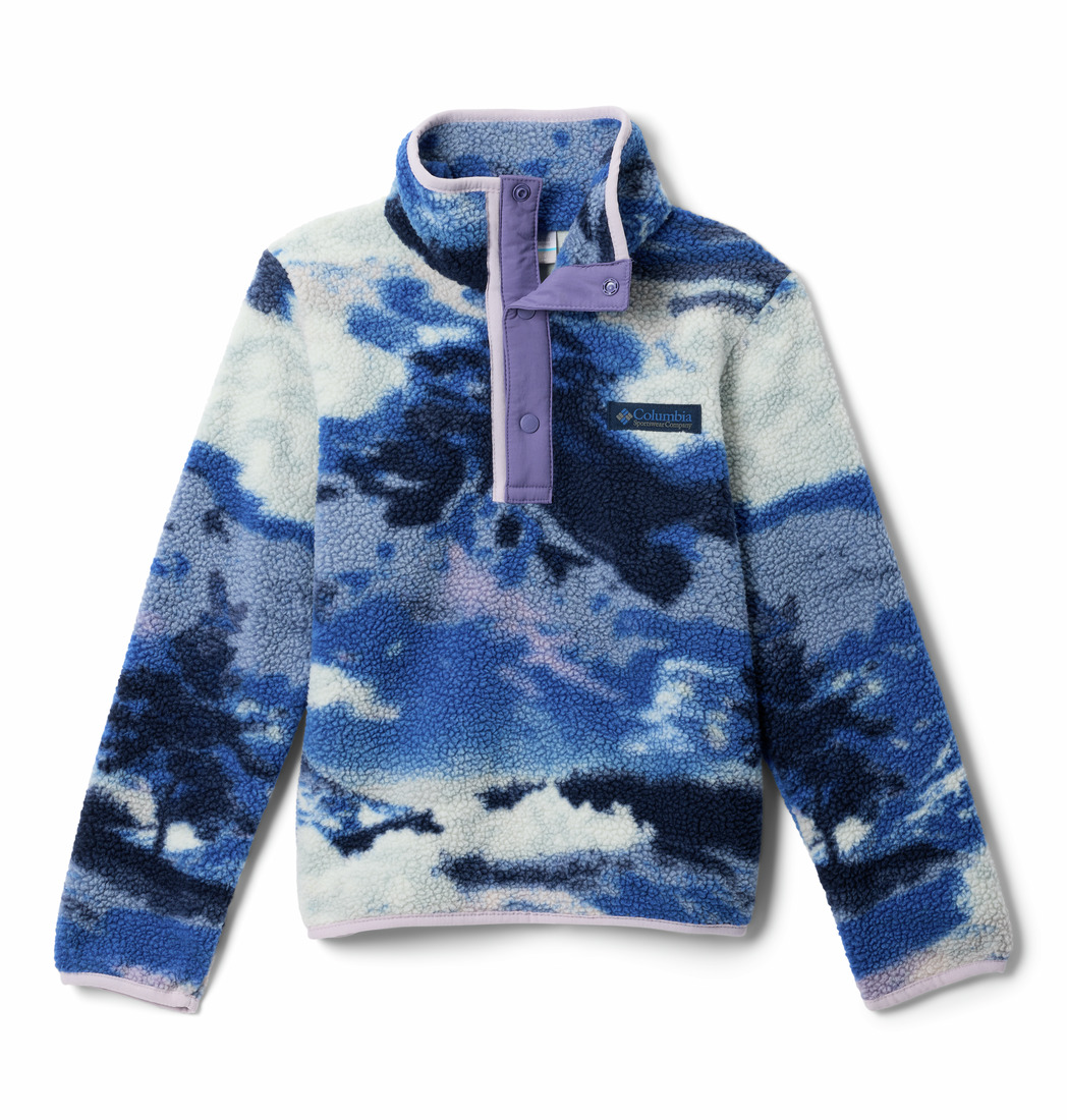 Le HELVETIA II PRINTED HALF SNAP FLEECE est un pull à manches longues doté d'un col montant, de boutons-pression, d'un imprimé montagne abstrait bleu et blanc et d'un logo Columbia sur la poitrine.